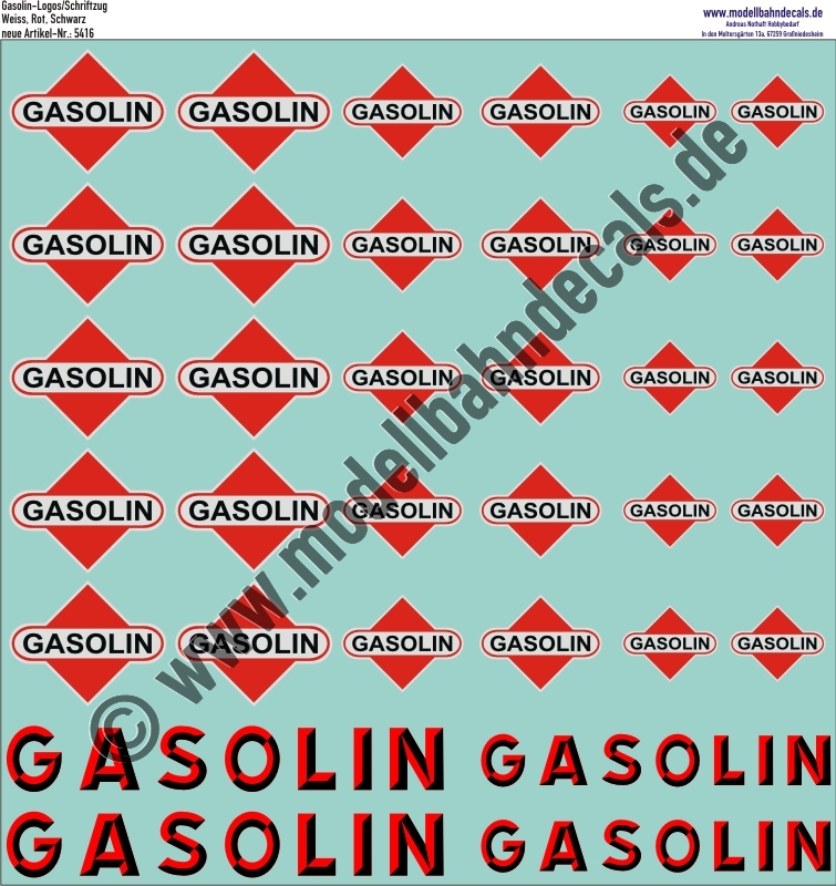 "Nass-Schiebebilder: Gasolin als Schriftzug und als Diamant, Rot, Schwarz, Weiss. Artikel-Nummer: 5416"