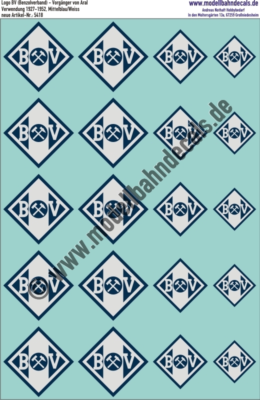 "Nass-Schiebebilder: Logo BV (Benzolverband) = Vorgänger von ARAL 1927-1952, 3 versch. Größen, Weiss auf Mittelblau. Artikel-Nummer: 5418"