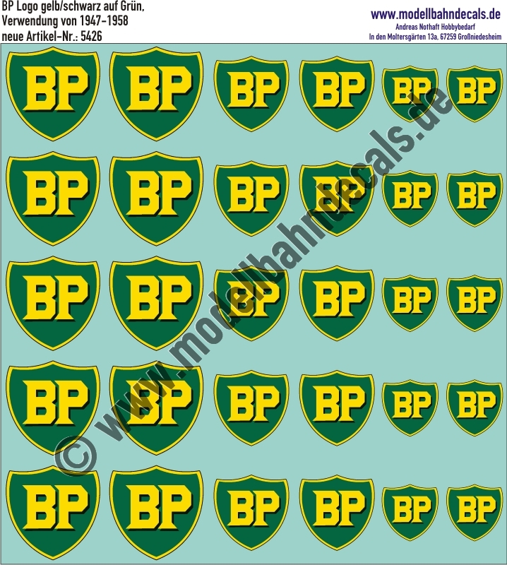 "Nass-Schiebebilder: BP Logo Gelb/Schwarz auf Grün, Verwendung von 1947-1958. Artikel-Nummer: 5426"