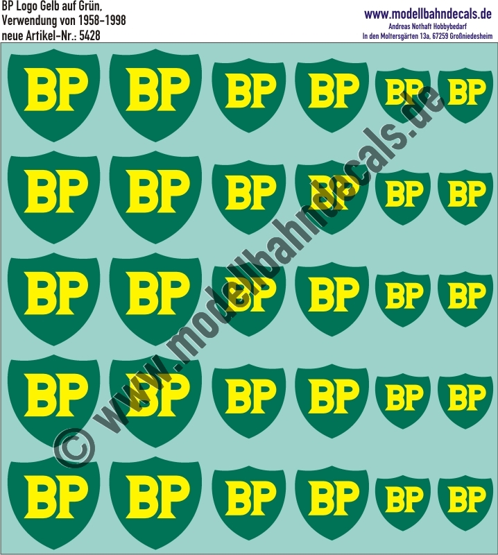 "Nass-Schiebebilder: BP Logo Gelb auf Grün, Verwendung von 1958-1989. Artikel-Nummer: 5428"
