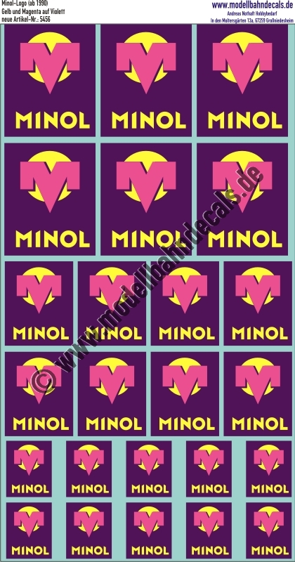 "Nass-Schiebebilder: Minol, Gelb und Magenta auf Violett (Verwendung ab 1990). Artikel-Nummer: 5456"