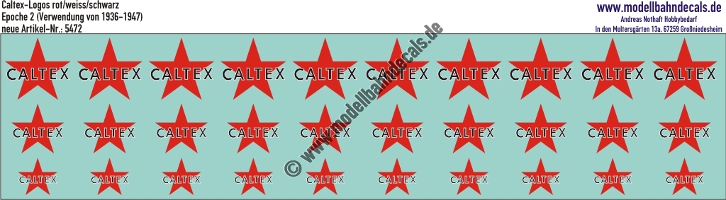 "Nass-Schiebebilder: Caltex-Logos alt (Verwendung 1936-1947), Rot/Weiss/Schwarz. Artikel-Nummer: 5472"