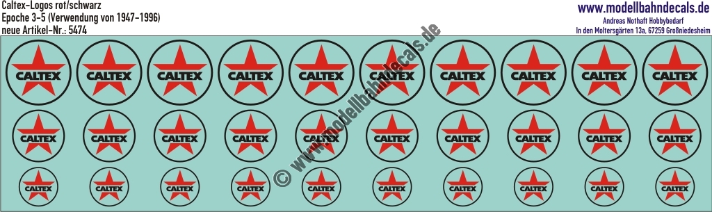 "Nass-Schiebebilder: Caltex-Logos neu (Verwendung 1947-1996), Rot/Schwarz. Artikel-Nummer: 5474"