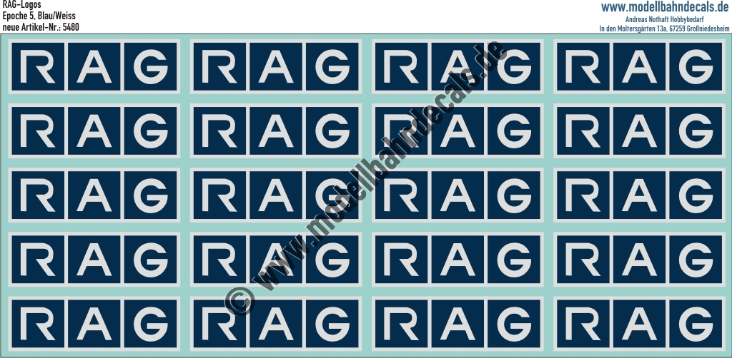 Nass-Schiebebilder: RAG-Logo Blau/Weiss. Artikel-Nummer: 5480