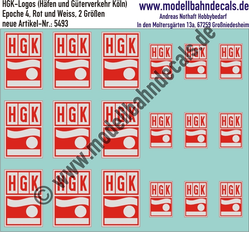 "Nass-Schiebebilder: HGK-Logos (Hafen- und Güterverkehr Köln), Rot und Weiss. Artikel-Nummer: 5493"