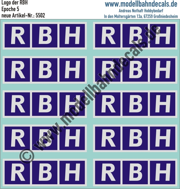 Nass-Schiebebilder: RBH-Logo Blau mit weissem Rahmen. Artikel-Nummer: 5502