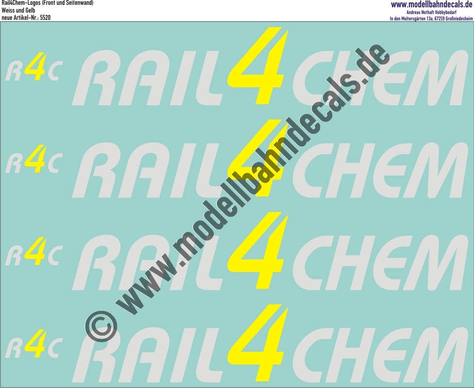 "Nass-Schiebebilder: Logos Rail4Chem (R4C), Gelb und Weiss. Artikel-Nummer: 5520"