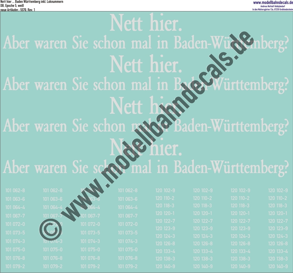"Nass-Schiebebilder: ""Nett hier"" Baden-Württemberg mit Loknummern, Weiss. Artikel-Nummer: 5570"