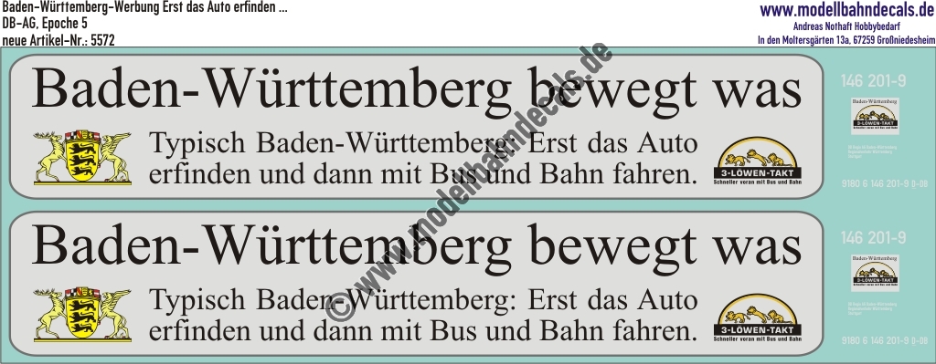 "Nass-Schiebebilder: ""Baden-Württemberg bewegt was. Typisch Baden-Württemberg: Erst das Auto erfinden und dann mit Bus und Bahn fahren."" Baden-Württemberg-Werbung mit Loknummern 146 201-9. Artikel-Nummer: 5572"