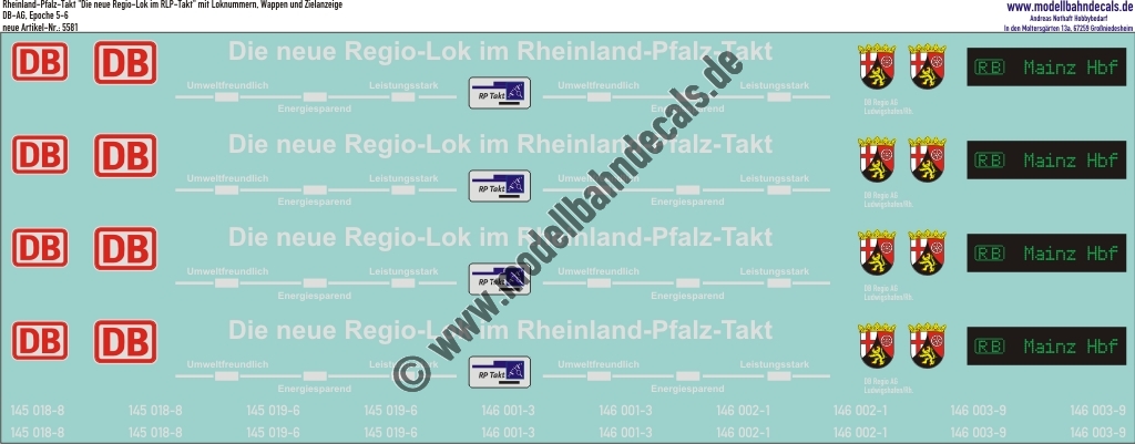 "Nass-Schiebebilder: Rheinland-Pfalz-Takt ""Die neue Regio-Lok im RLP-Takt"" mit weiteren Ergänzungen (Wappen, Ziel, etc.). Artikel-Nummer: 5581"