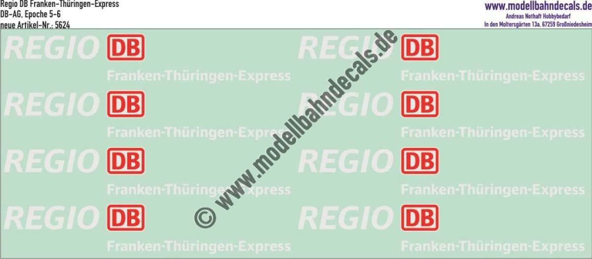Nass-Schiebebilder: Zusatzbeschriftung DB Regio Franken-Thüringen-Express, Rot/Weiss. Artikel-Nummer: 5624