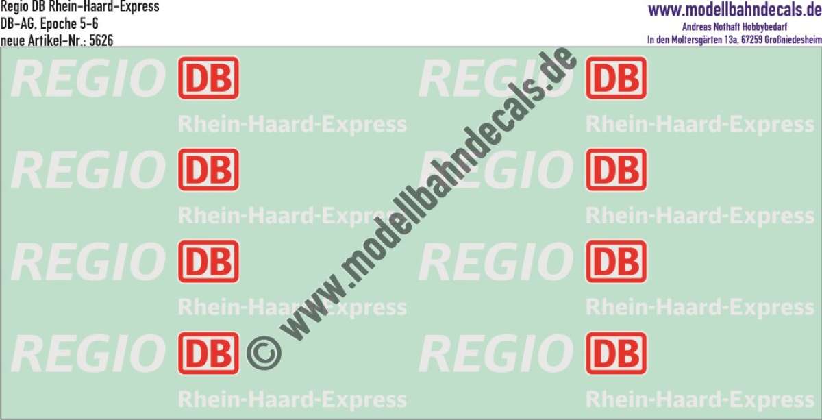 Nass-Schiebebilder: Zusatzbeschriftung DB Regio Rhein-Haard-Express, Rot/Weiss. Artikel-Nummer: 5626