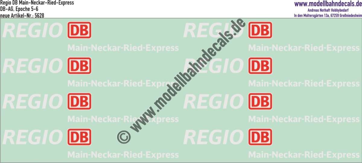 Nass-Schiebebilder: Zusatzbeschriftung DB Regio Main-Neckar-Ried-Express, Rot/Weiss. Artikel-Nummer: 5628