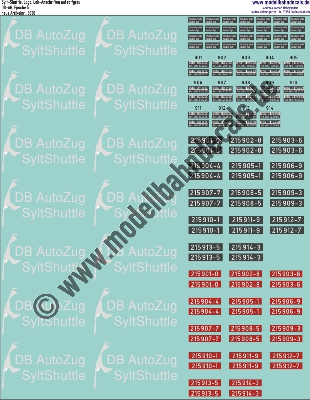 "Nass-Schiebebilder: Sylt-Shuttle, Logo, Lok-Anschriften auf Rot/Grau. Artikel-Nummer: 5630"