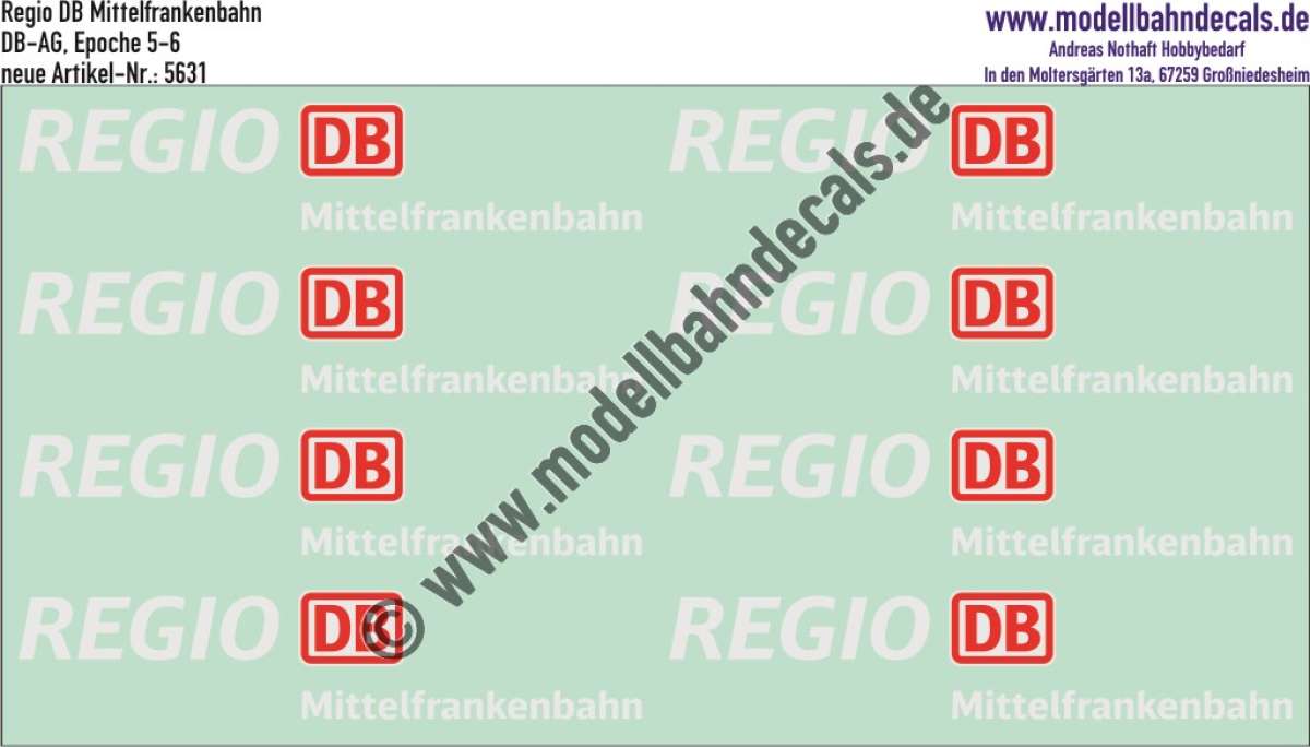 Nass-Schiebebilder: Zusatzbeschriftung DB Regio Mittelfrankenbahn, Rot/Weiss. Artikel-Nummer: 5631