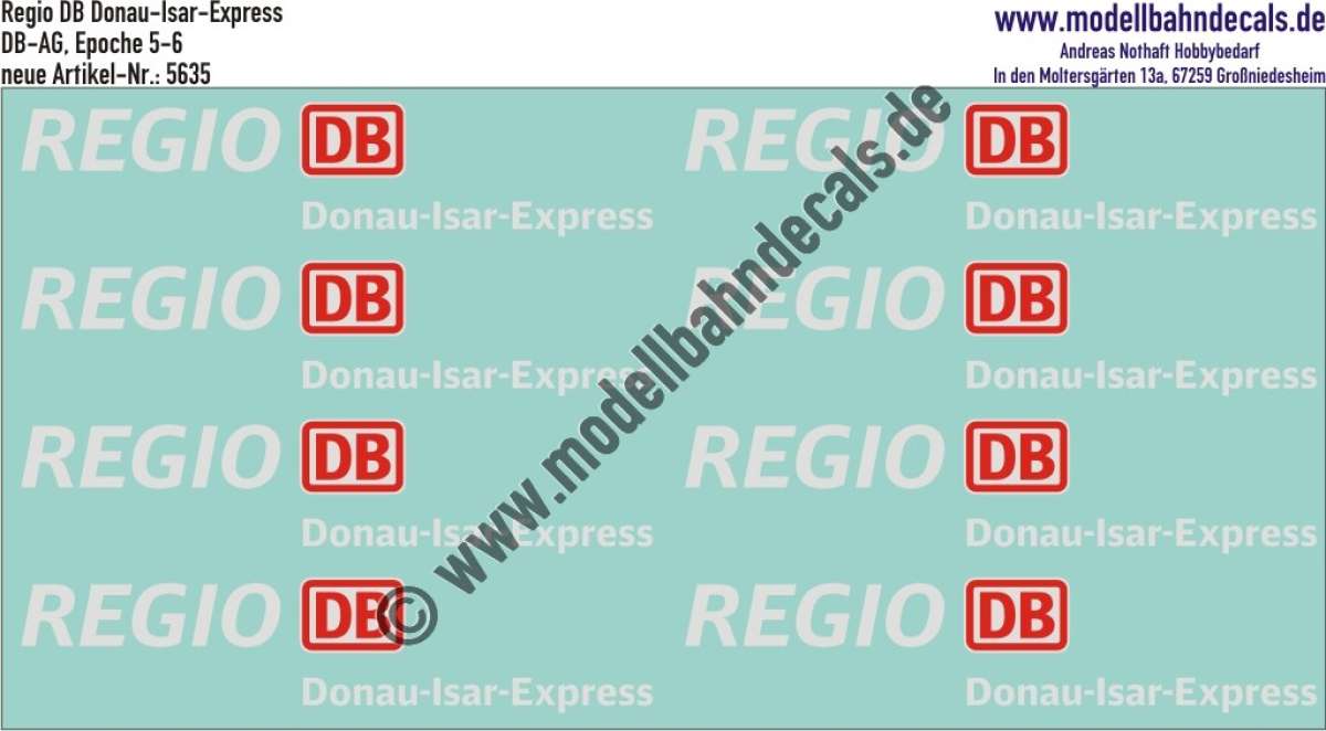 Nass-Schiebebilder: Zusatzbeschriftung DB Regio Donau-Isar-Express, Rot/Weiss. Artikel-Nummer: 5635
