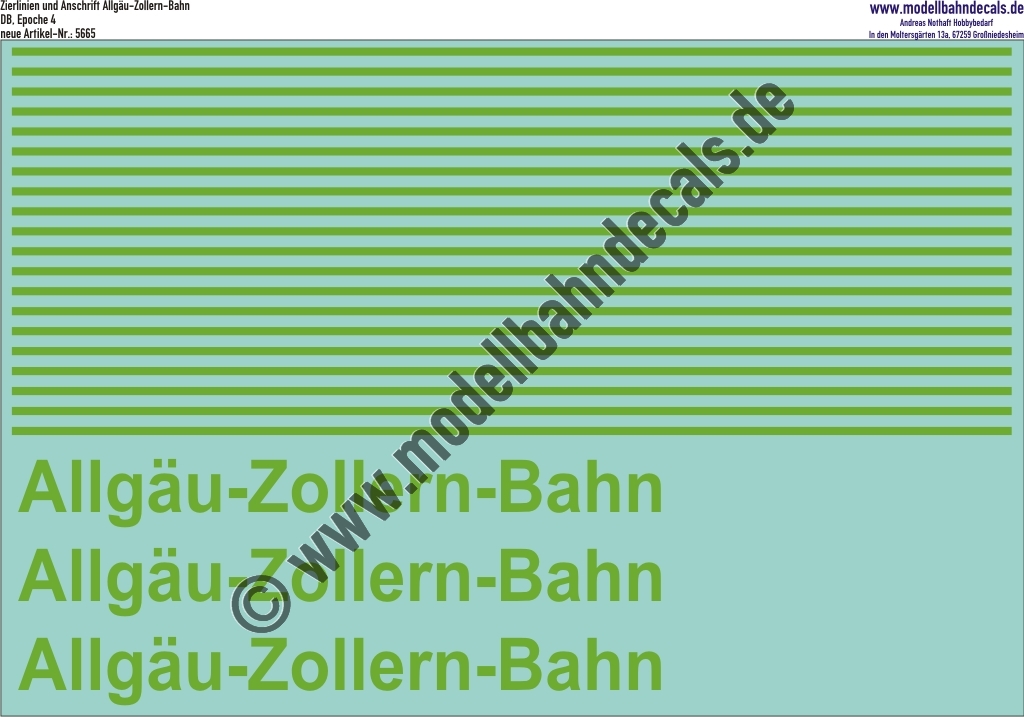 "Nass-Schiebebilder: Allgäu-Zollern-Bahn und Zierstreifen, Hellgrün, Länge Zierstreifen ca. 90 mm. Artikel-Nummer: 5665"