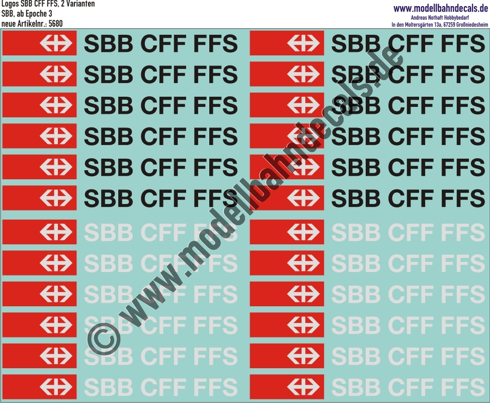 "Nass-Schiebebilder: SBB-Embleme Epoche 4, Rot/Weiss und Rot/Weiss mit Schwarzer Schrift. Artikel-Nummer: 5680"