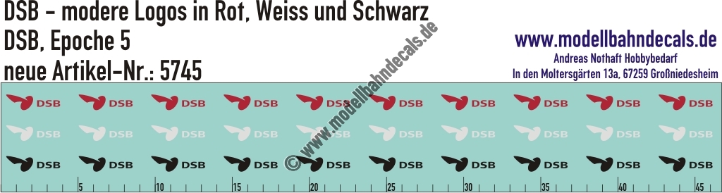 "Nass-Schiebebilder: DSB aktuelles Logo 3x 10 Stück in Weiss, Schwarz und Dunkelrot. Artikel-Nummer: 5745"