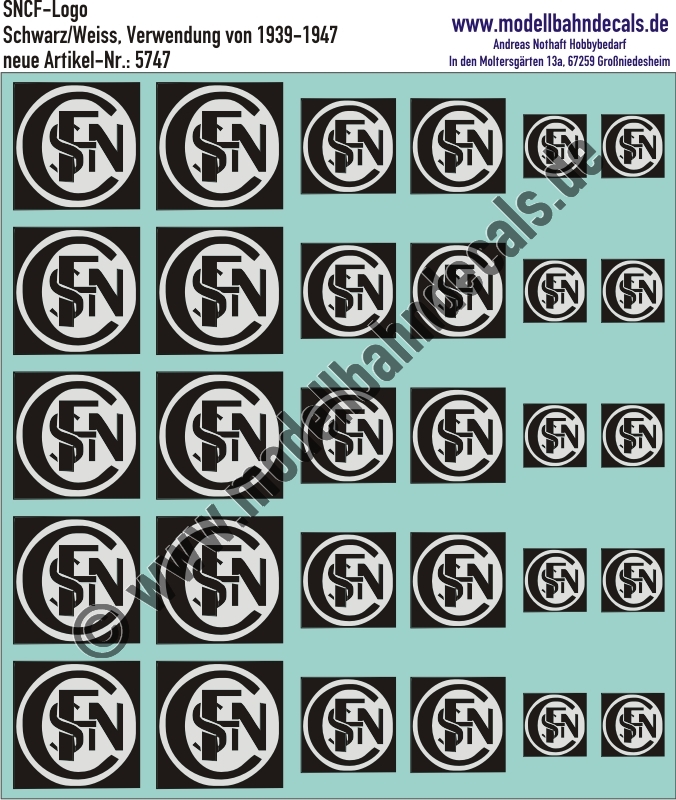 "Nass-Schiebebilder: SNCF-Embleme Schwarz-Weiss, Verwendung 1939-1947. Artikel-Nummer: 5747"