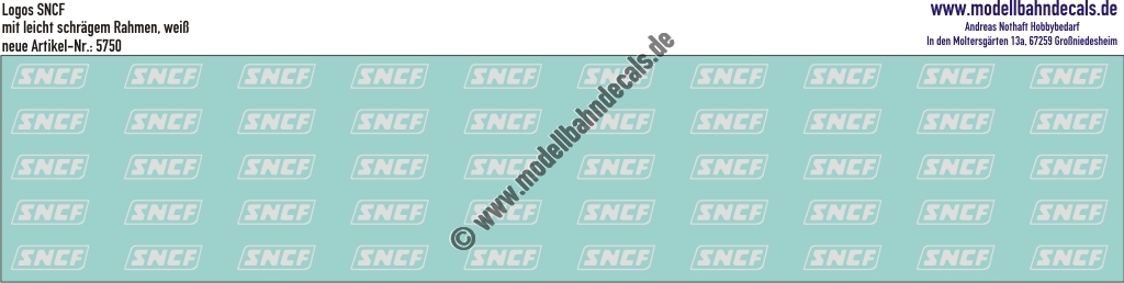 "Nass-Schiebebilder: SNCF-Embleme mit leicht schrägem Rahmen, Weiss, Verwendung 1967-1986. Artikel-Nummer: 5750"