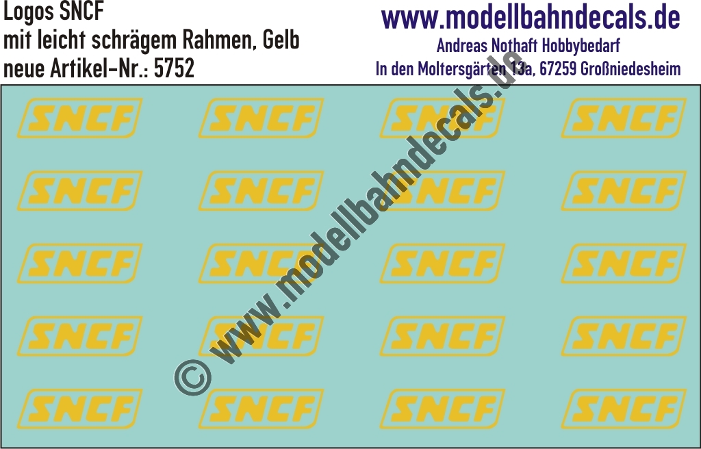 "Nass-Schiebebilder: SNCF-Embleme mit leicht schrägem Rahmen, Signalgelb, Verwendung 1967-1986. Artikel-Nummer: 5752"