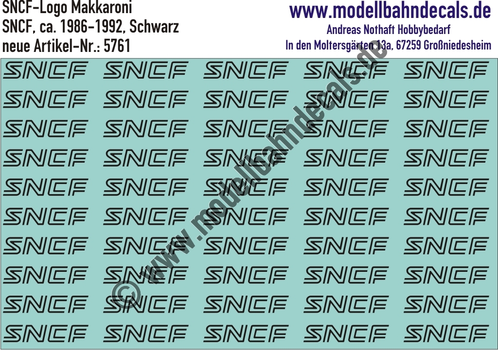 "Nass-Schiebebilder: SNCF-Embleme ""Makkaroni"" Schwarz, Verwendung 1986-1992. Artikel-Nummer: 5761"