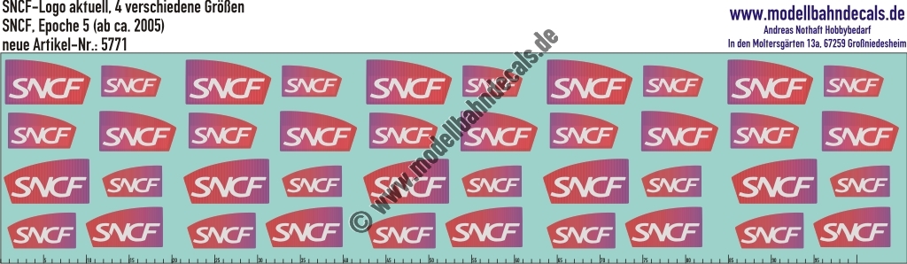 "Nass-Schiebebilder: SNCF-Embleme aktuell, Farbverlauf mit weissen Buchstaben, ab 2005. Artikel-Nummer: 5771"