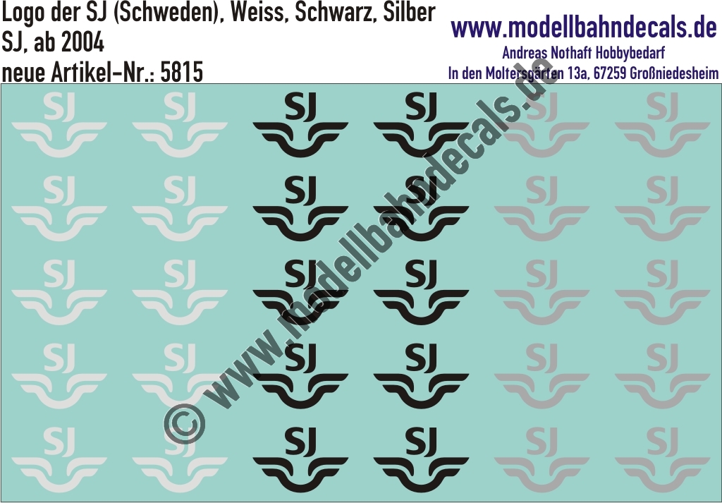 "Nass-Schiebebilder: SJ-Embleme ab 2004, Weiss, Schwarz, Silber. Artikel-Nummer: 5815"