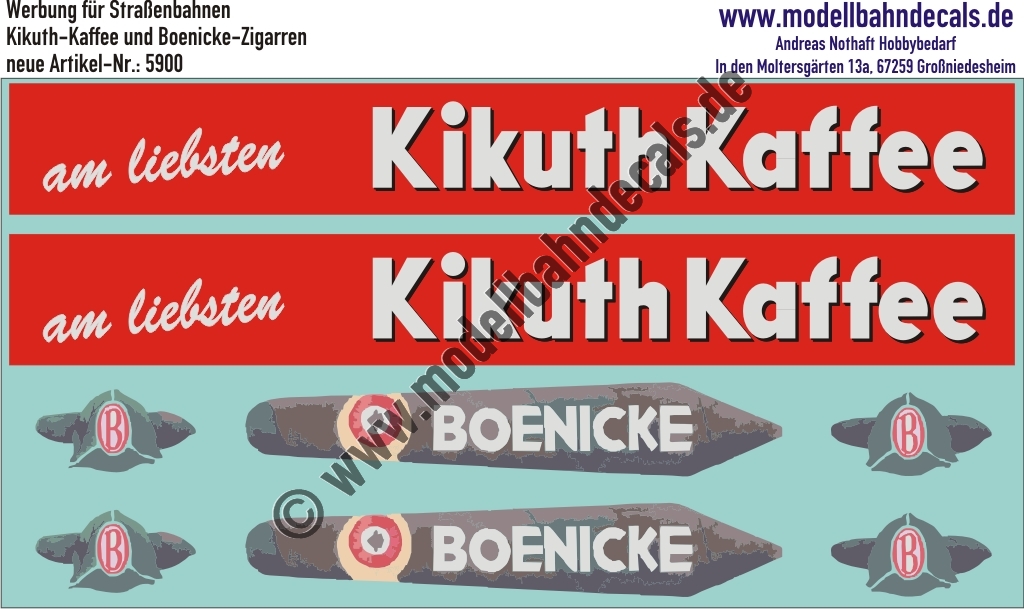 Nass-Schiebebilder: Werbung für Strassenbahn/Bus: Kikuth-Kaffee und Bönicke Zigarren (Strassenbahnen aus Remscheid und Wuppertal); Spieth-Bogen 6090. Artikel-Nummer: 5900