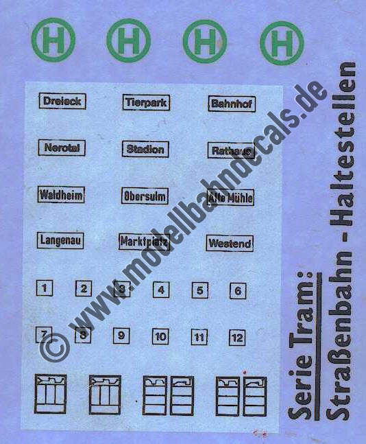 "Nass-Schiebebilder: Serie Tram - Strassenbahn-Haltestellen, H-Schilder, Ziele und Nummern (vermutlich von Modellbahn-Spieth). Artikel-Nummer: 5901"