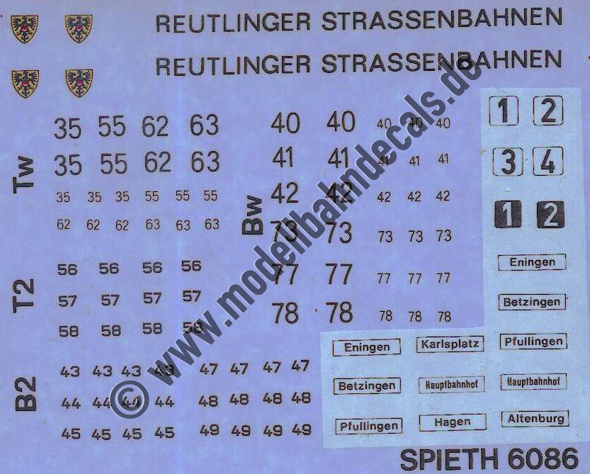 "Nass-Schiebebilder: Nummern, Zielanzeigen, Wagennummern, Wappen für Reutlinger Strassenbahn (von Modellbahn-Spieth, dort Nr. 6086). Artikel-Nummer: 5905"