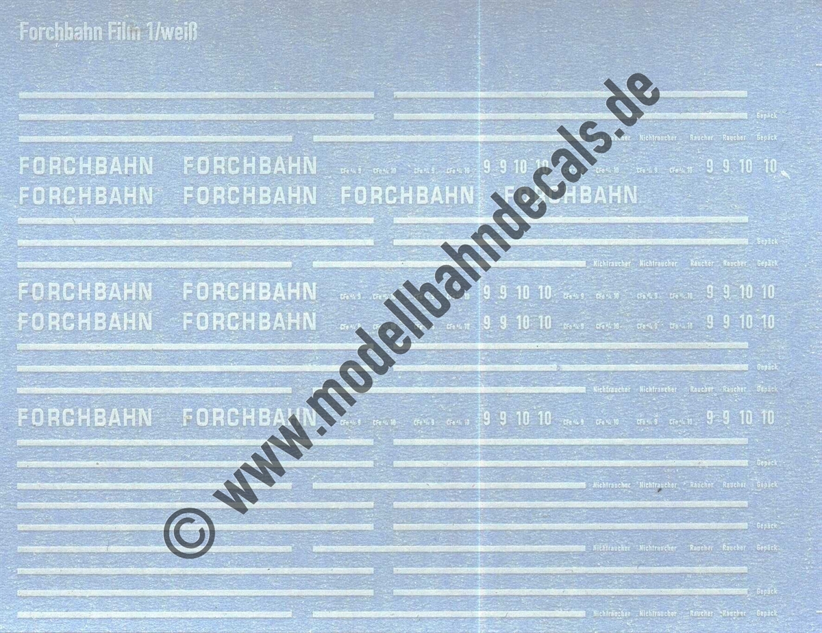 Nass-Schiebebilder: Forchbahn, Wagennummern, Zierstreifen, Anschriften, Weiss auf Klar. Artikel-Nummer: 5907