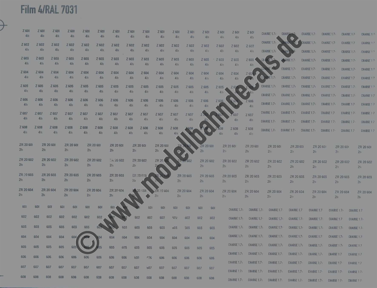 "Nass-Schiebebilder: Diverse Wagenanschriften RAL 7031 für Strassenbahn, Dunkelgrau auf Klar (vermutlich von Modellbahn-Spieth). Artikel-Nummer: 5915"