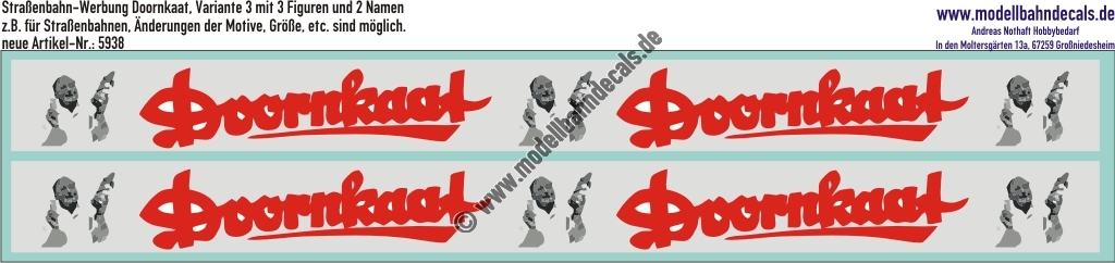 Nass-Schiebebilder: Werbung für Strassenbahn/Bus: Doornkaat. Änderungen Aufbau und Größen sind möglich! Variante 3 mit 3 Figuren und 2 Schriftzügen. Artikel-Nummer: 5938