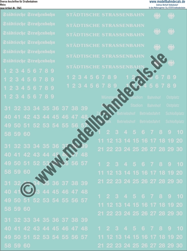 Nass-Schiebebilder: Diverse Anschriften für Strassenbahnen Weiss. Artikel-Nummer: 5945