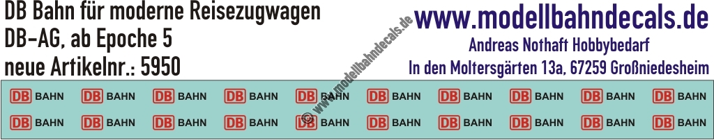 Nass-Schiebebilder: DB Bahn extraklein für moderne Reisezugwagen (20 Stück) mit schwarzem Bahn-Schriftzug. Artikel-Nummer: 5950