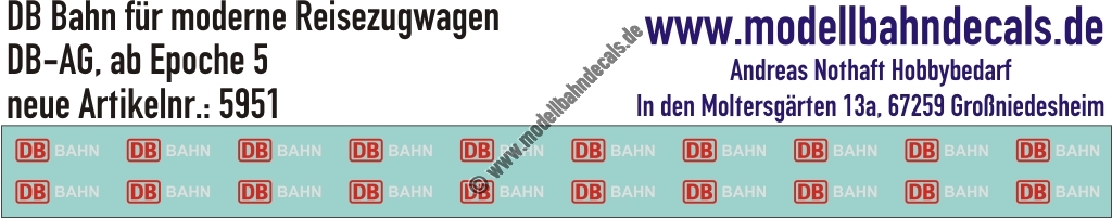 Nass-Schiebebilder: DB Bahn extraklein für moderne Reisezugwagen (20 Stück) mit weissen Bahn-Schriftzug. Artikel-Nummer: 5951