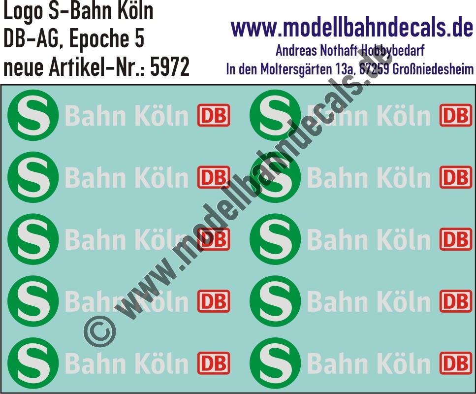 Nass-Schiebebilder: Logos S-Bahn Köln. Artikel-Nummer: 5972