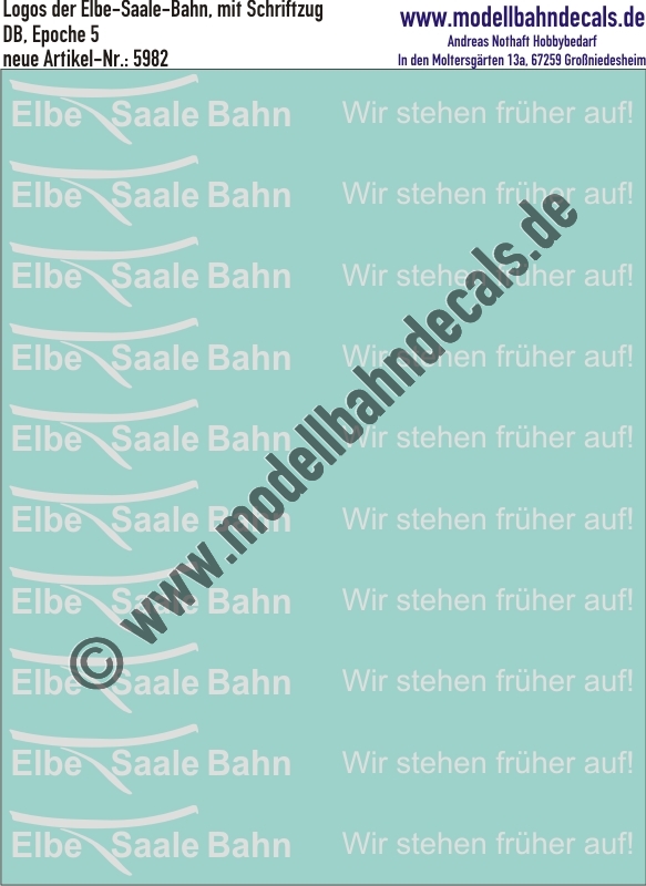 "Nass-Schiebebilder: Elbe-Saale Bahn + Slogan ""Wir stehen früher auf"".. Artikel-Nummer: 5982"
