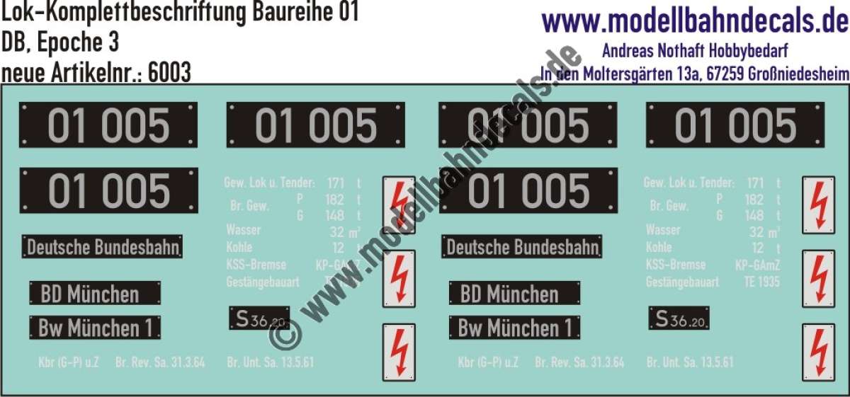 Nass-Schiebebilder: Lok-Komplettbeschriftung Lok 01 005, DB, Epoche 3. Artikel-Nummer: 6003