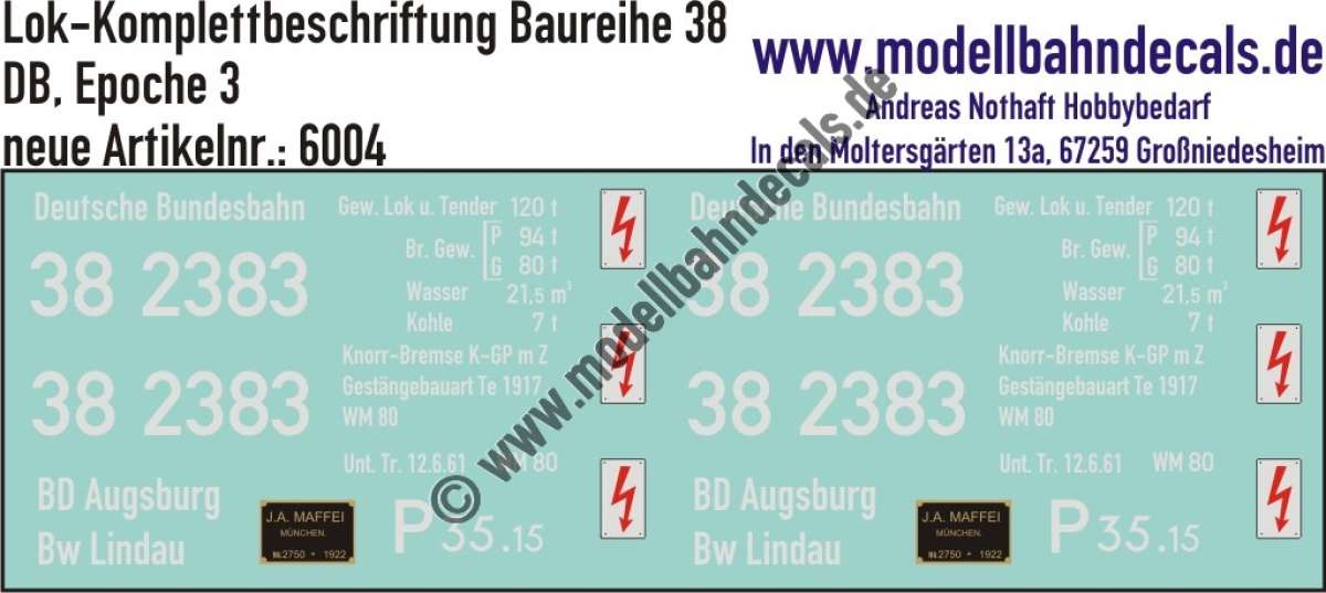 Nass-Schiebebilder: Lok-Komplettbeschriftung Lok 38 2383, DB, Epoche 3. Artikel-Nummer: 6004