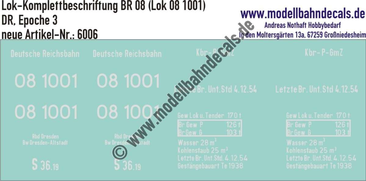 Nass-Schiebebilder: Lok-Komplettbeschriftung BR 08 (Lok 08 1001) - DR Epoche 3. Artikel-Nummer: 6006