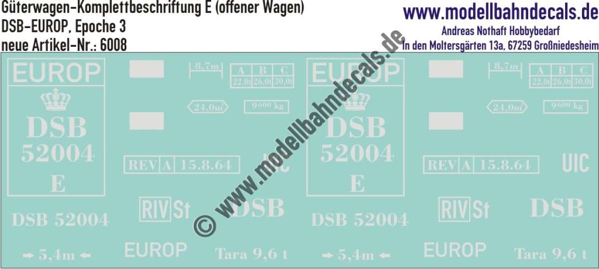 Nass-Schiebebilder: Güterwagen-Komplettbeschriftung E (offener Wagen) DSB-EUROP, Epoche 3. Artikel-Nummer: 6008