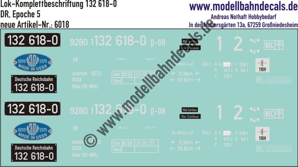 Nass-Schiebebilder: Lok-Komplettbeschriftung Lok 132 618-0, DR, Epoche 4. Artikel-Nummer: 6018