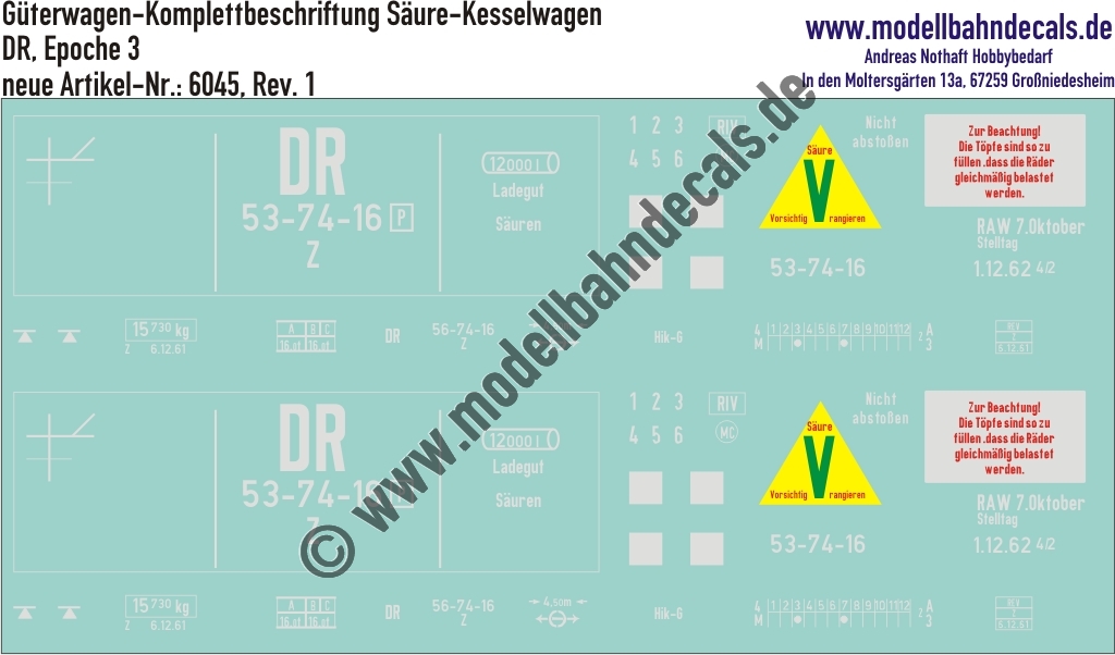 "Nass-Schiebebilder: Güterwagen-Komplettbeschriftung DR, Säure-Kesselwagen Z; 10 verschiedene Wagennummern vorrätig/ohne Aufpreis möglich!. Artikel-Nummer: 6045"