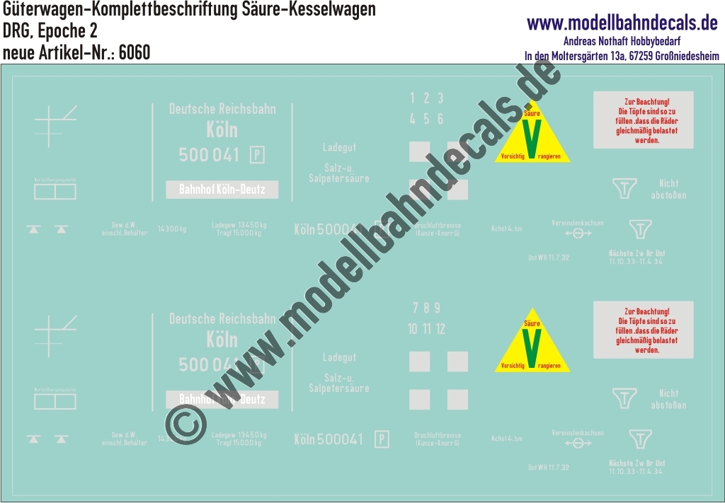 "Nass-Schiebebilder: Güterwagen-Komplettbeschriftung [P] DRG, Säure-Kesselwagen Köln; 10 verschiedene Wagennummern vorrätig/ohne Aufpreis möglich!. Artikel-Nummer: 6060"