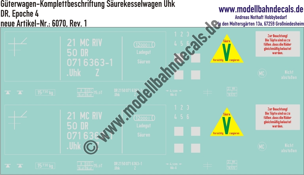 "Nass-Schiebebilder: Güterwagen-Komplettbeschriftung DR, Säure-Kesselwagen Uhk; 10 verschiedene Wagennummern vorrätig/ohne Aufpreis möglich!. Artikel-Nummer: 6070"