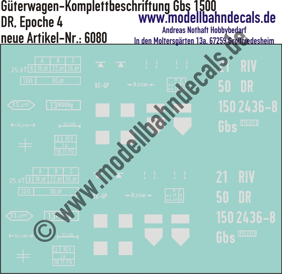 "Nass-Schiebebilder: Güterwagen-Komplettbeschriftung DR, Gbs 1500; 10 verschiedene Wagennummern vorrätig/ohne Aufpreis möglich!. Artikel-Nummer: 6080"