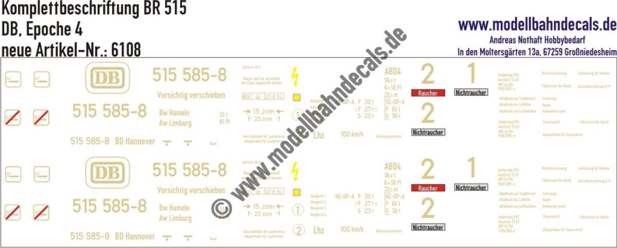 Nass-Schiebebilder: Triebwagen-Komplettbeschriftung BR 515, DB, Epoche 4. Artikel-Nummer: 6108